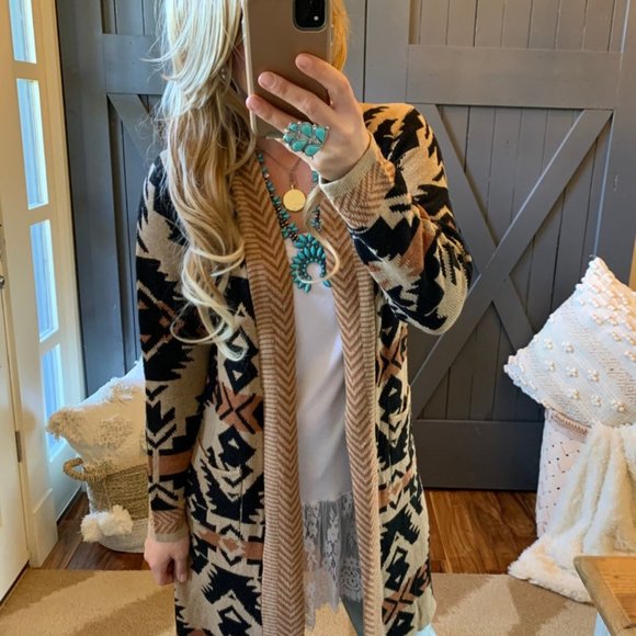 New Montana Western Long Cardigan Sweater Top / Tribal Native Aztec Yellowstone - Picture 4 of 8